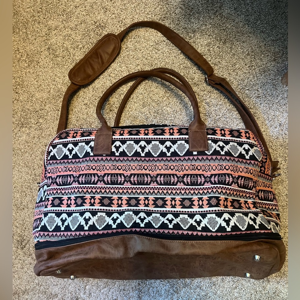 Women's Patterned Weekender Bag with Brown Trim